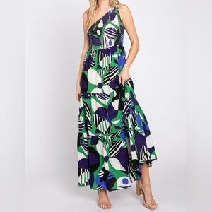 NEW Sugarlips Green Printed One Shoulder Tiered Maxi Dress Size Small